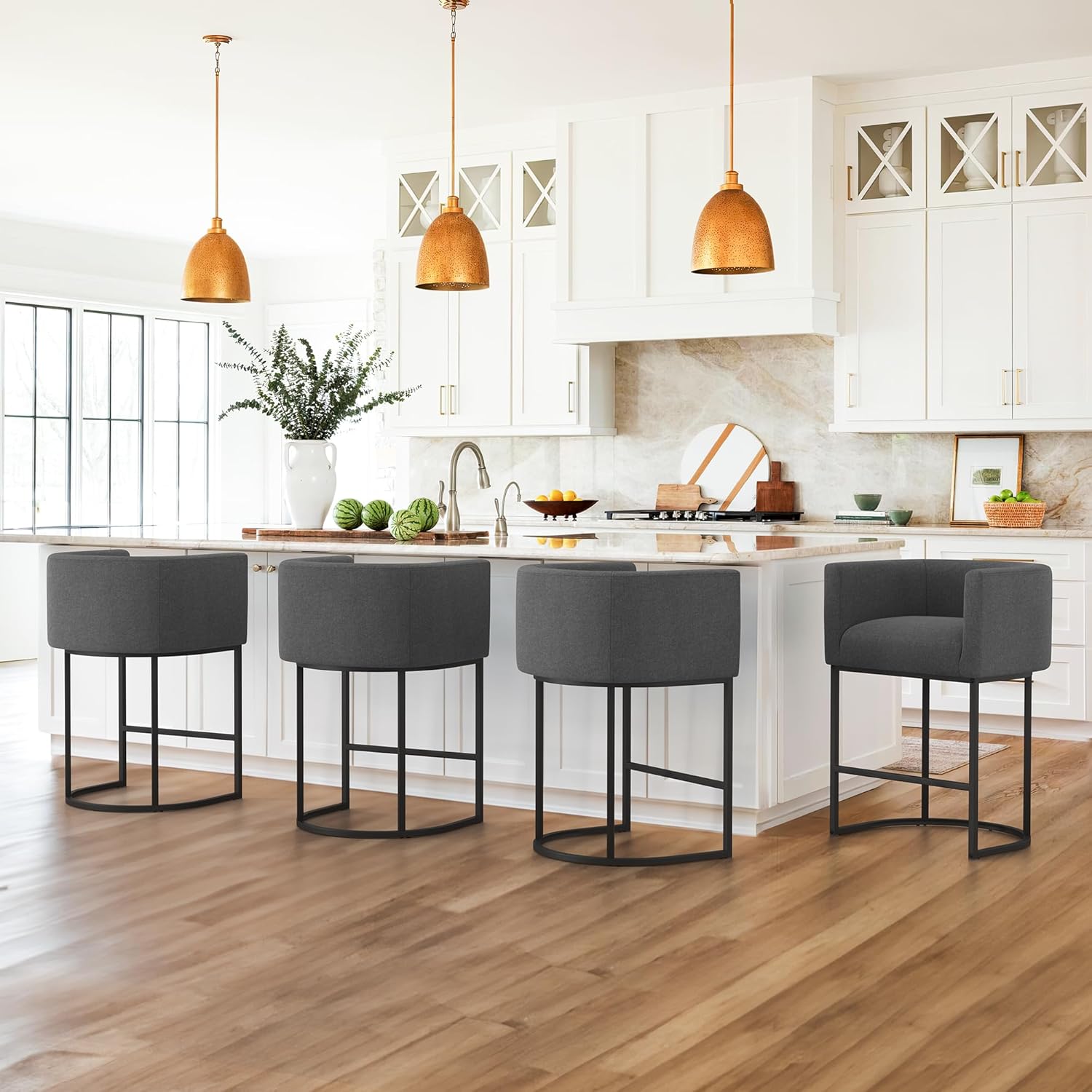 LUE BONA 27" H Counter Height Bar Stools, Modern Barrel Counter Stools with Backrest and Arms, Black Metal Frames, Linen Fabric Upholstered Accent Barstools for Kitchen Island, Linen Color - Grand Goldman