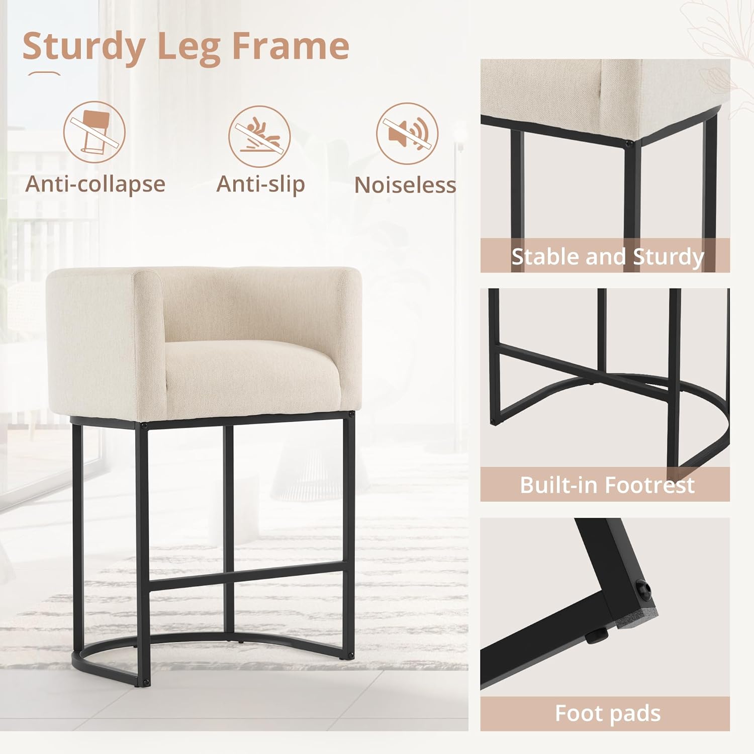 LUE BONA 27" H Counter Height Bar Stools, Modern Barrel Counter Stools with Backrest and Arms, Black Metal Frames, Linen Fabric Upholstered Accent Barstools for Kitchen Island, Linen Color - Grand Goldman