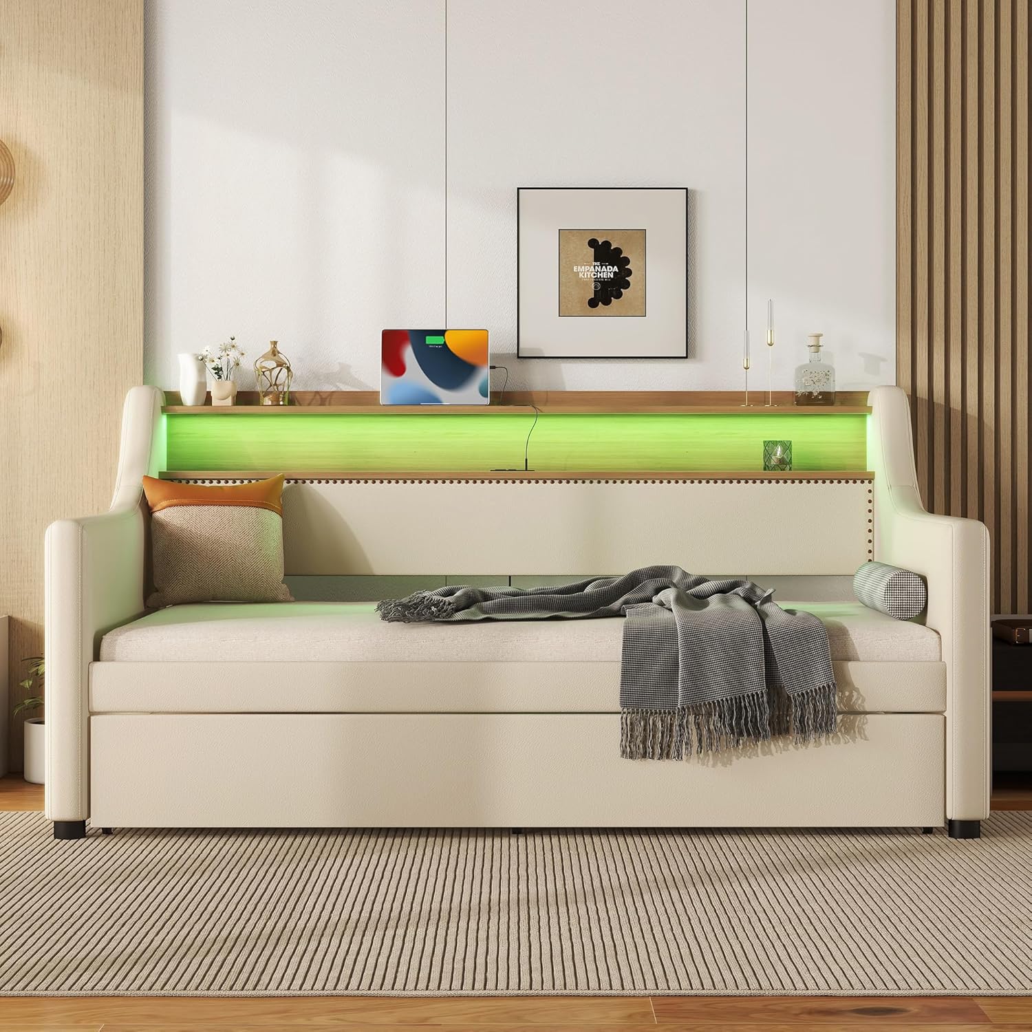 LUSPAZ Twin Size Upholstered Daybed with Wheeled Trundle and Curved Back Design, Multifunctional Modern Corner Sofa Bed Frame, Easy Assembly, No Box Spring Required, for Living Room or Bedroom, Black - Grand Goldman