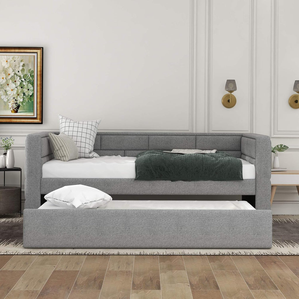 LUSPAZ Twin Size Upholstered Daybed with Wheeled Trundle and Curved Back Design, Multifunctional Modern Corner Sofa Bed Frame, Easy Assembly, No Box Spring Required, for Living Room or Bedroom, Black - Grand Goldman