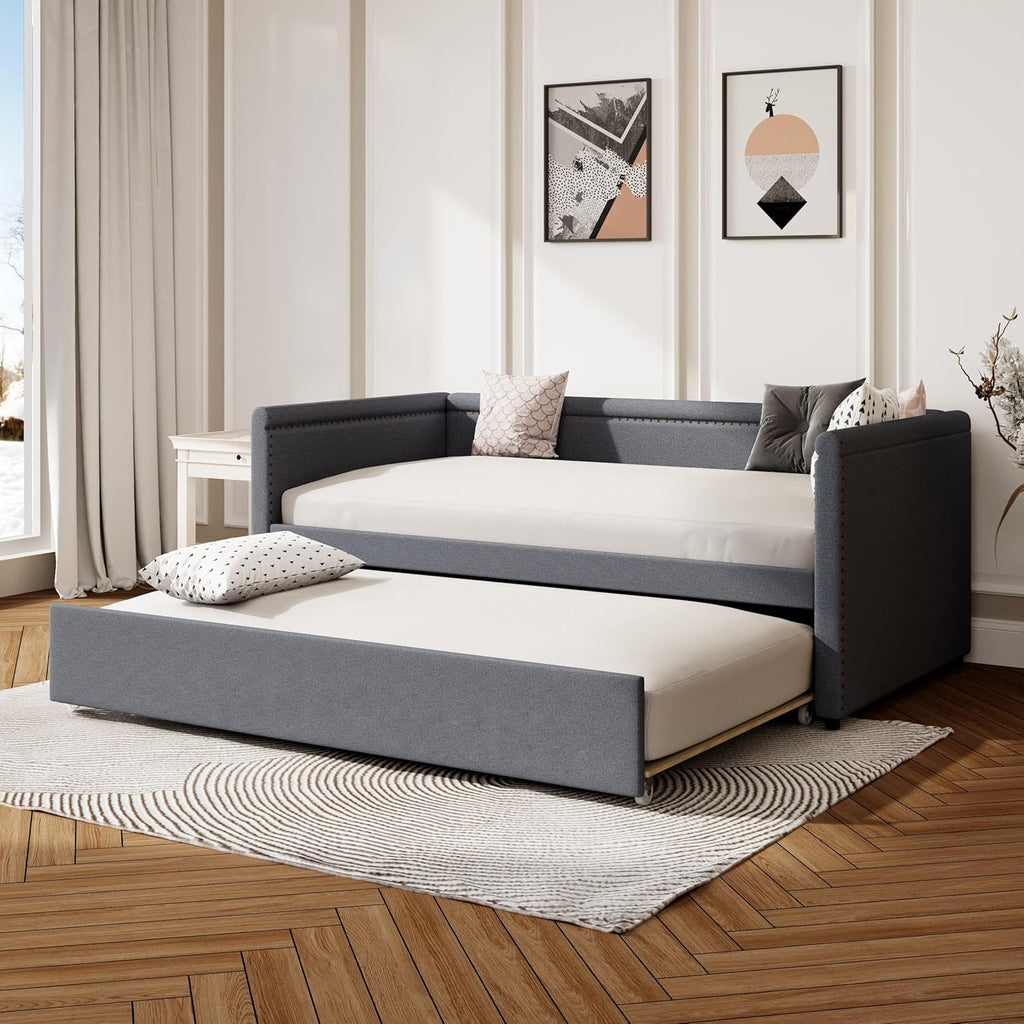 LUSPAZ Twin Size Upholstered Daybed with Wheeled Trundle and Curved Back Design, Multifunctional Modern Corner Sofa Bed Frame, Easy Assembly, No Box Spring Required, for Living Room or Bedroom, Black - Grand Goldman