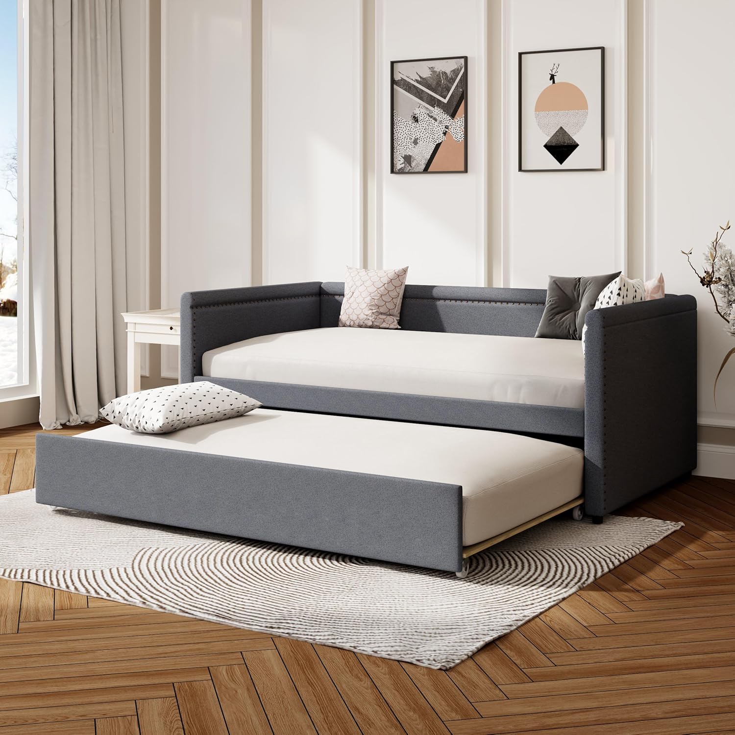 LUSPAZ Twin Size Upholstered Daybed with Wheeled Trundle and Curved Back Design, Multifunctional Modern Corner Sofa Bed Frame, Easy Assembly, No Box Spring Required, for Living Room or Bedroom, Black - Grand Goldman