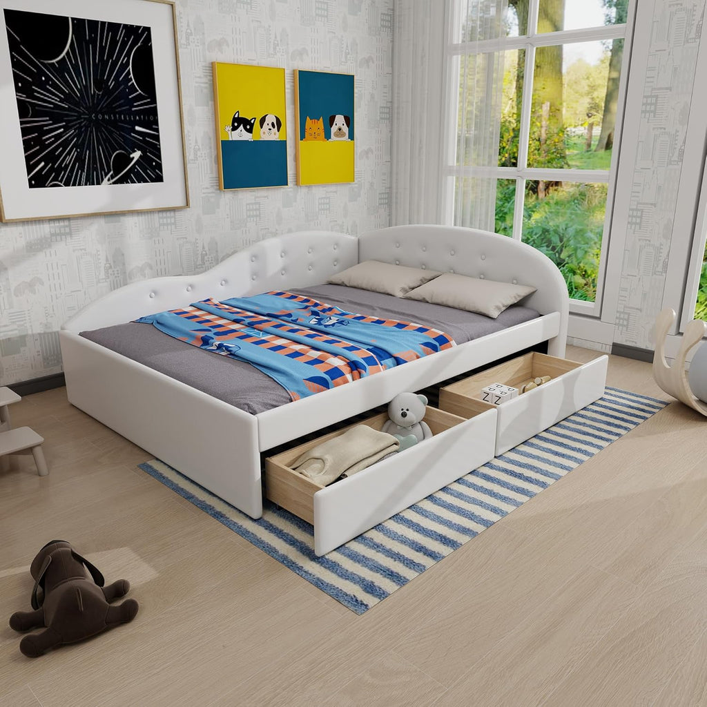 LUSPAZ Twin Size Upholstered Daybed with Wheeled Trundle and Curved Back Design, Multifunctional Modern Corner Sofa Bed Frame, Easy Assembly, No Box Spring Required, for Living Room or Bedroom, Black - Grand Goldman