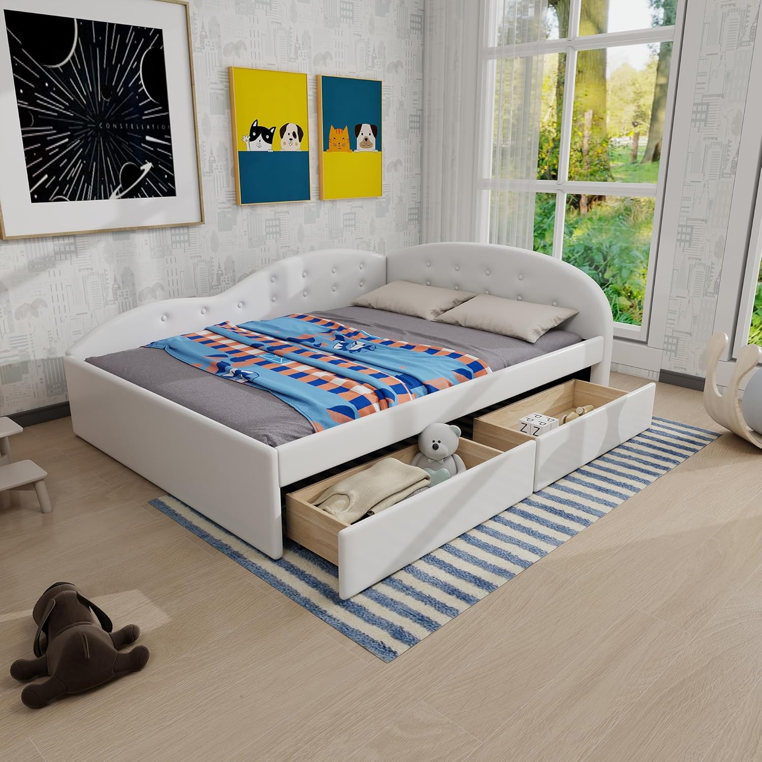 LUSPAZ Twin Size Upholstered Daybed with Wheeled Trundle and Curved Back Design, Multifunctional Modern Corner Sofa Bed Frame, Easy Assembly, No Box Spring Required, for Living Room or Bedroom, Black - Grand Goldman