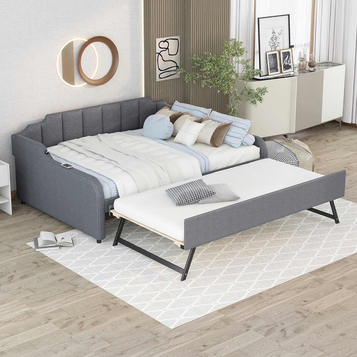 LUSPAZ Twin Size Upholstered Daybed with Wheeled Trundle and Curved Back Design, Multifunctional Modern Corner Sofa Bed Frame, Easy Assembly, No Box Spring Required, for Living Room or Bedroom, Black - Grand Goldman