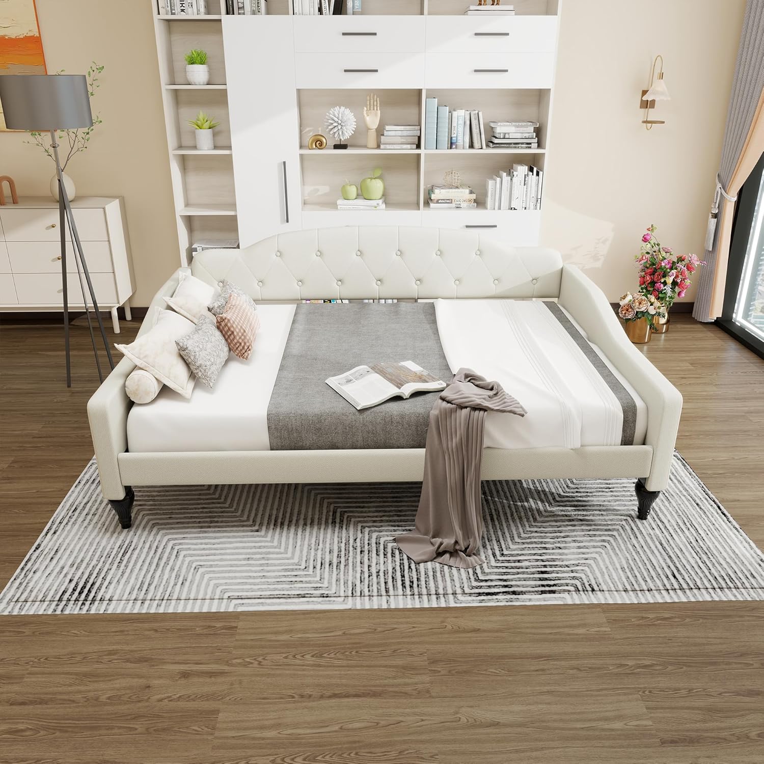 LUSPAZ Twin Size Upholstered Daybed with Wheeled Trundle and Curved Back Design, Multifunctional Modern Corner Sofa Bed Frame, Easy Assembly, No Box Spring Required, for Living Room or Bedroom, Black - Grand Goldman