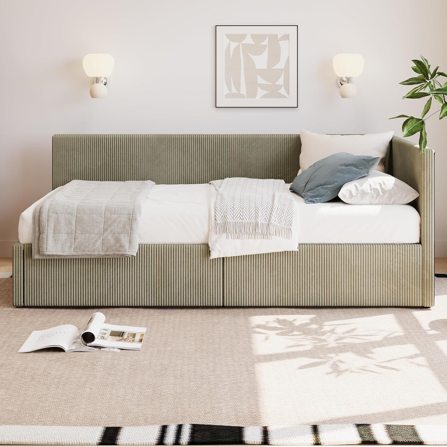 LUSPAZ Twin Size Upholstered Daybed with Wheeled Trundle and Curved Back Design, Multifunctional Modern Corner Sofa Bed Frame, Easy Assembly, No Box Spring Required, for Living Room or Bedroom, Black - Grand Goldman