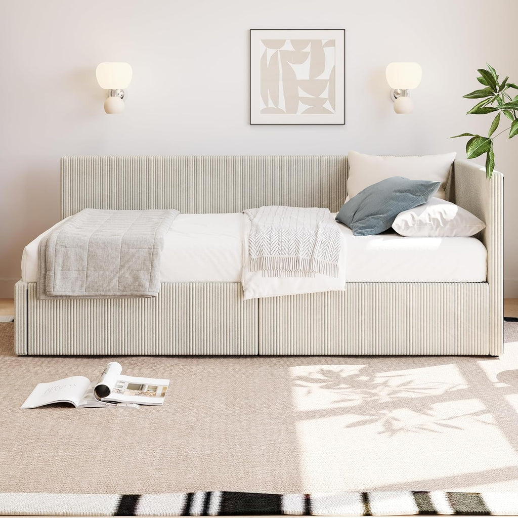 LUSPAZ Twin Size Upholstered Daybed with Wheeled Trundle and Curved Back Design, Multifunctional Modern Corner Sofa Bed Frame, Easy Assembly, No Box Spring Required, for Living Room or Bedroom, Black - Grand Goldman