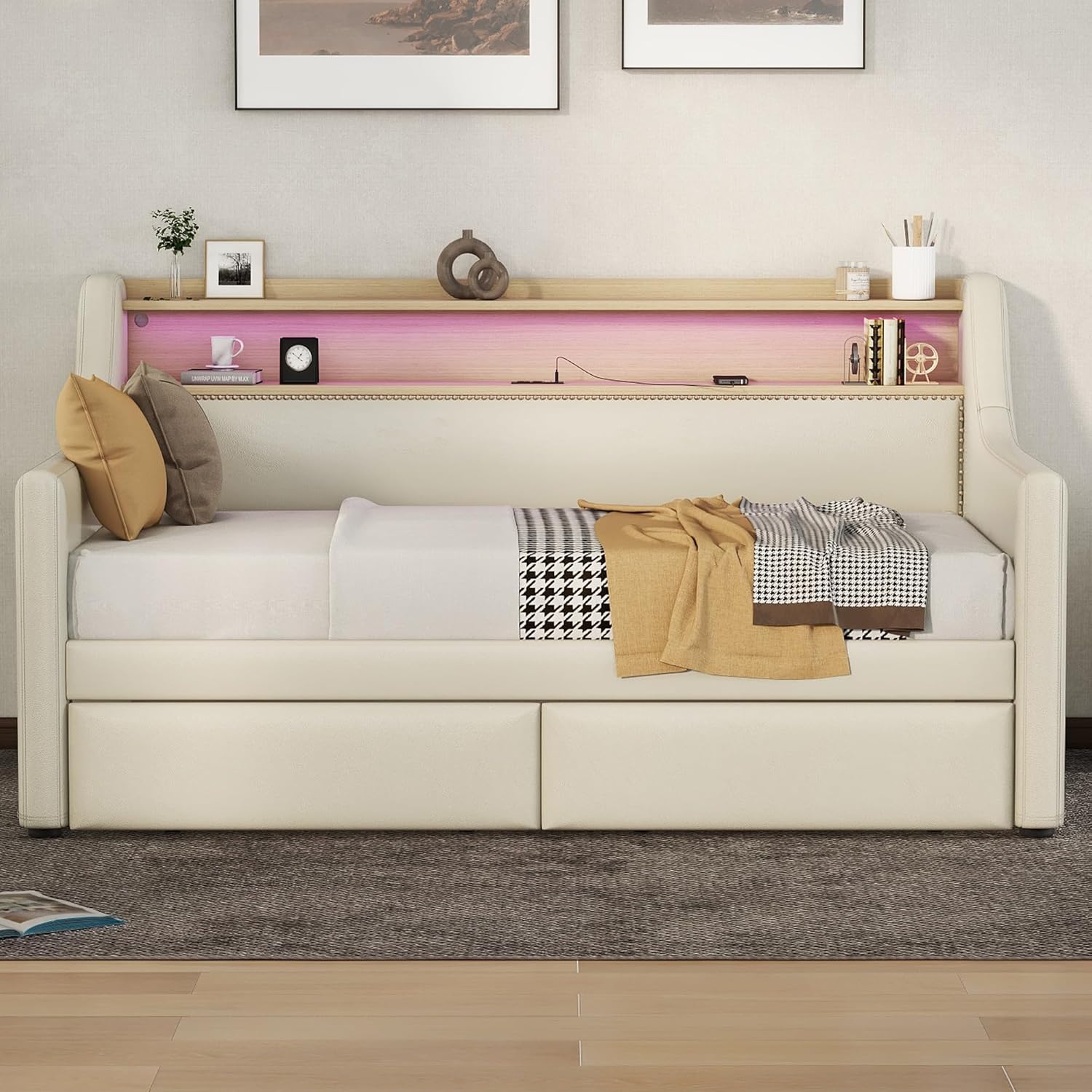 LUSPAZ Twin Size Upholstered Daybed with Wheeled Trundle and Curved Back Design, Multifunctional Modern Corner Sofa Bed Frame, Easy Assembly, No Box Spring Required, for Living Room or Bedroom, Black - Grand Goldman