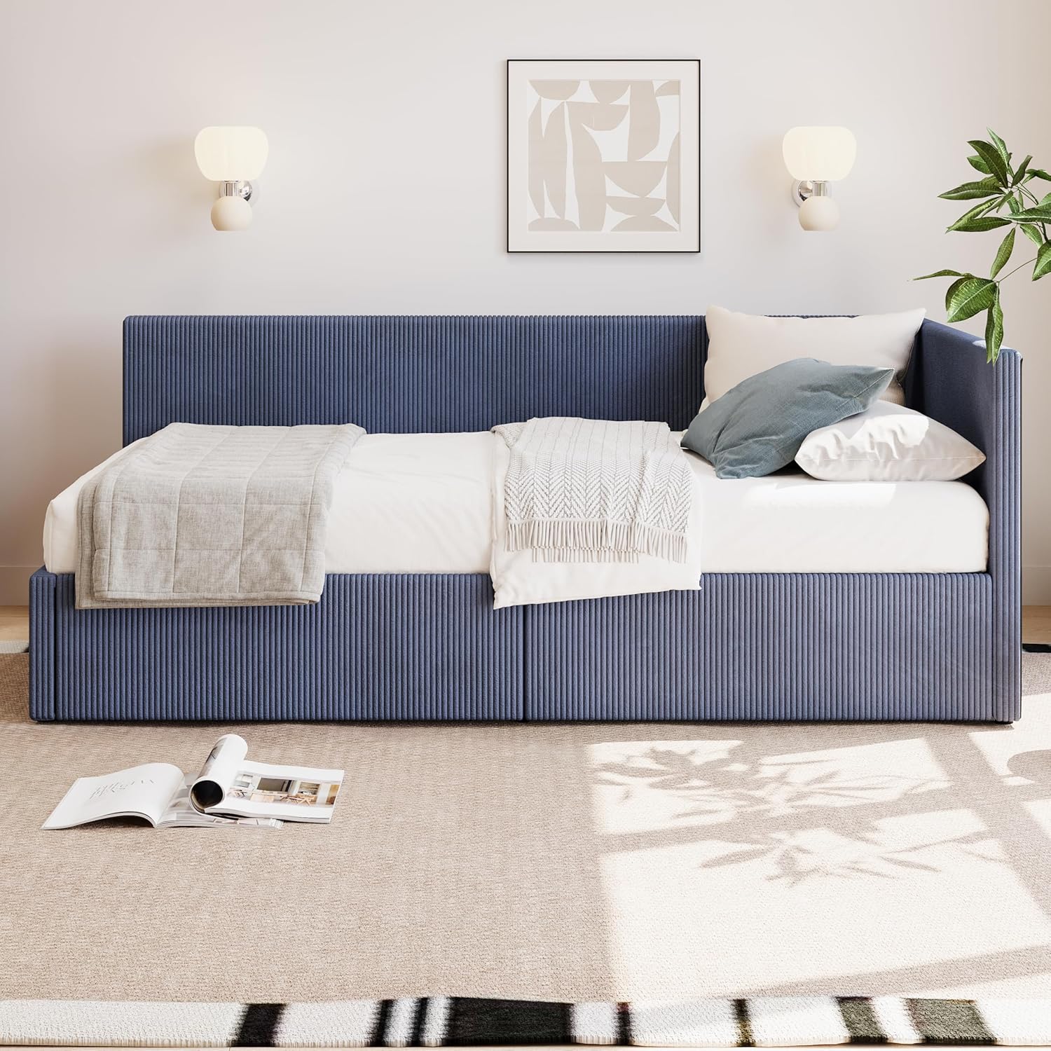 LUSPAZ Twin Size Upholstered Daybed with Wheeled Trundle and Curved Back Design, Multifunctional Modern Corner Sofa Bed Frame, Easy Assembly, No Box Spring Required, for Living Room or Bedroom, Black - Grand Goldman