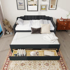 LUSPAZ Twin Size Upholstered Daybed with Wheeled Trundle and Curved Back Design, Multifunctional Modern Corner Sofa Bed Frame, Easy Assembly, No Box Spring Required, for Living Room or Bedroom, Black - Grand Goldman