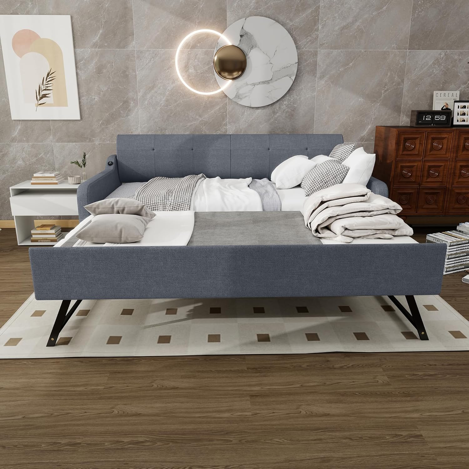 LUSPAZ Twin Size Upholstered Daybed with Wheeled Trundle and Curved Back Design, Multifunctional Modern Corner Sofa Bed Frame, Easy Assembly, No Box Spring Required, for Living Room or Bedroom, Black - Grand Goldman