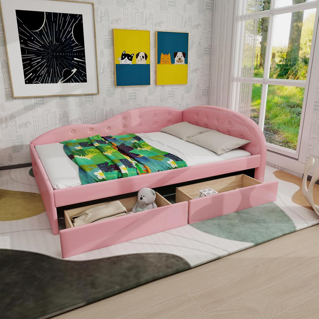 LUSPAZ Twin Size Upholstered Daybed with Wheeled Trundle and Curved Back Design, Multifunctional Modern Corner Sofa Bed Frame, Easy Assembly, No Box Spring Required, for Living Room or Bedroom, Black - Grand Goldman