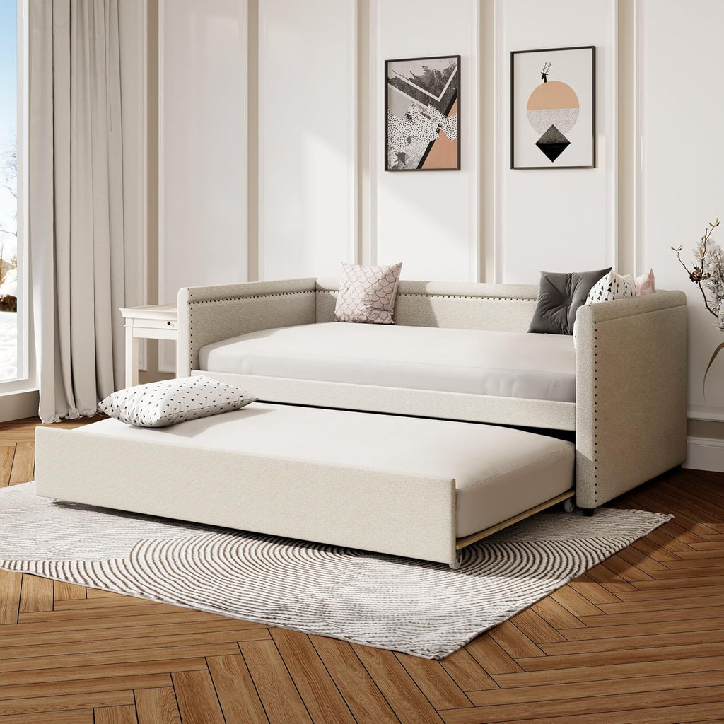 LUSPAZ Twin Size Upholstered Daybed with Wheeled Trundle and Curved Back Design, Multifunctional Modern Corner Sofa Bed Frame, Easy Assembly, No Box Spring Required, for Living Room or Bedroom, Black - Grand Goldman