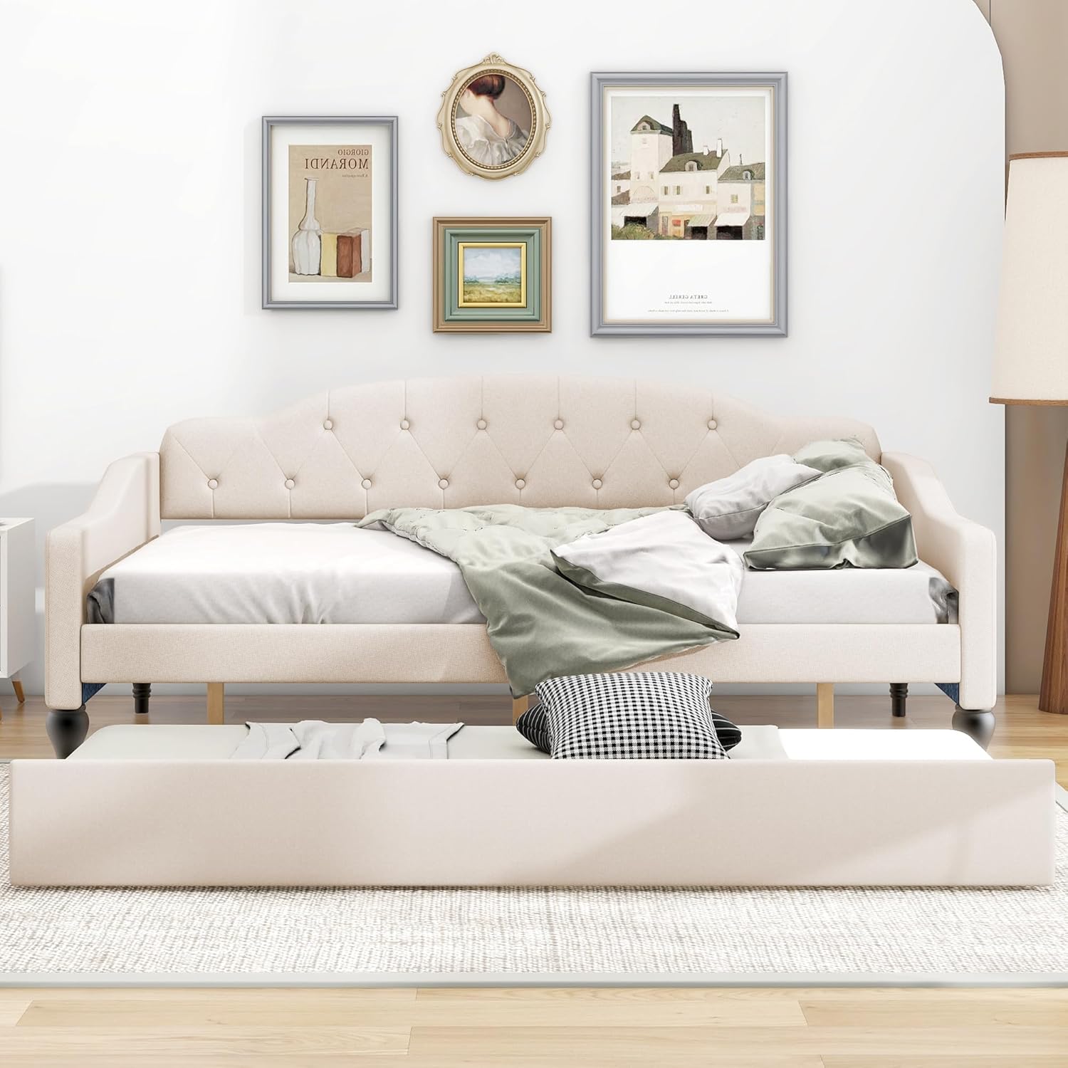 LUSPAZ Twin Size Upholstered Daybed with Wheeled Trundle and Curved Back Design, Multifunctional Modern Corner Sofa Bed Frame, Easy Assembly, No Box Spring Required, for Living Room or Bedroom, Black - Grand Goldman