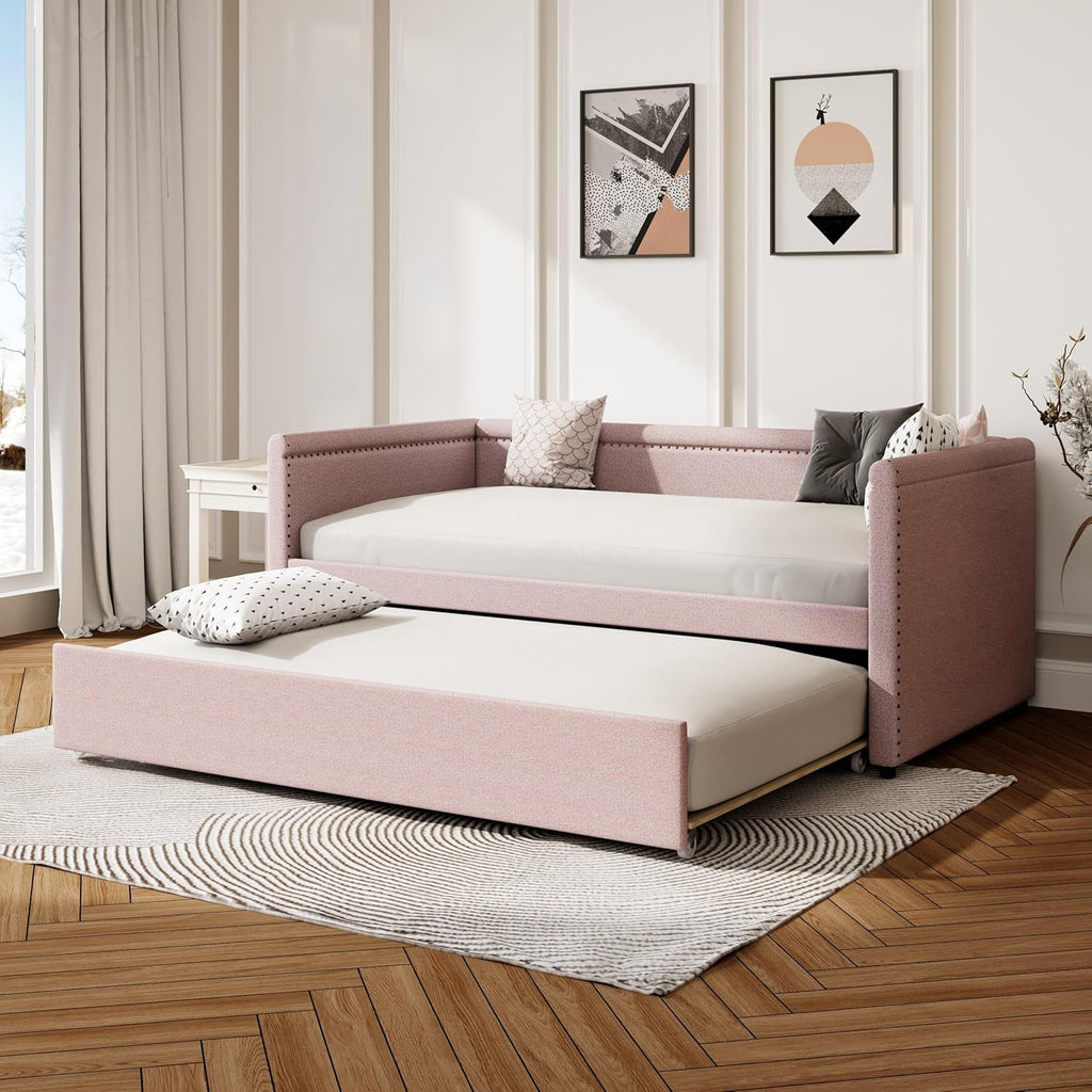 LUSPAZ Twin Size Upholstered Daybed with Wheeled Trundle and Curved Back Design, Multifunctional Modern Corner Sofa Bed Frame, Easy Assembly, No Box Spring Required, for Living Room or Bedroom, Black - Grand Goldman