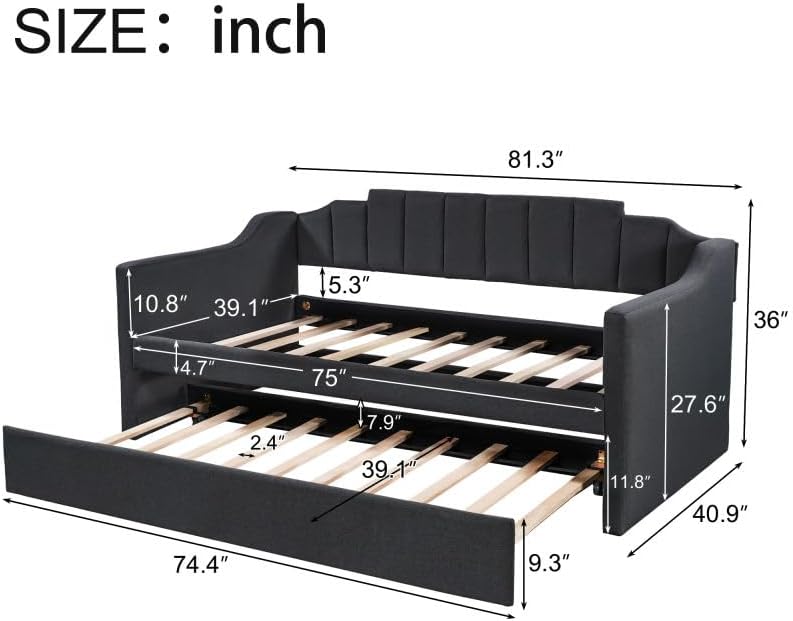 LUSPAZ Twin Size Upholstered Daybed with Wheeled Trundle and Curved Back Design, Multifunctional Modern Corner Sofa Bed Frame, Easy Assembly, No Box Spring Required, for Living Room or Bedroom, Black - Grand Goldman