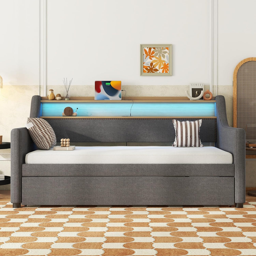LUSPAZ Twin Size Upholstered Daybed with Wheeled Trundle and Curved Back Design, Multifunctional Modern Corner Sofa Bed Frame, Easy Assembly, No Box Spring Required, for Living Room or Bedroom, Black - Grand Goldman