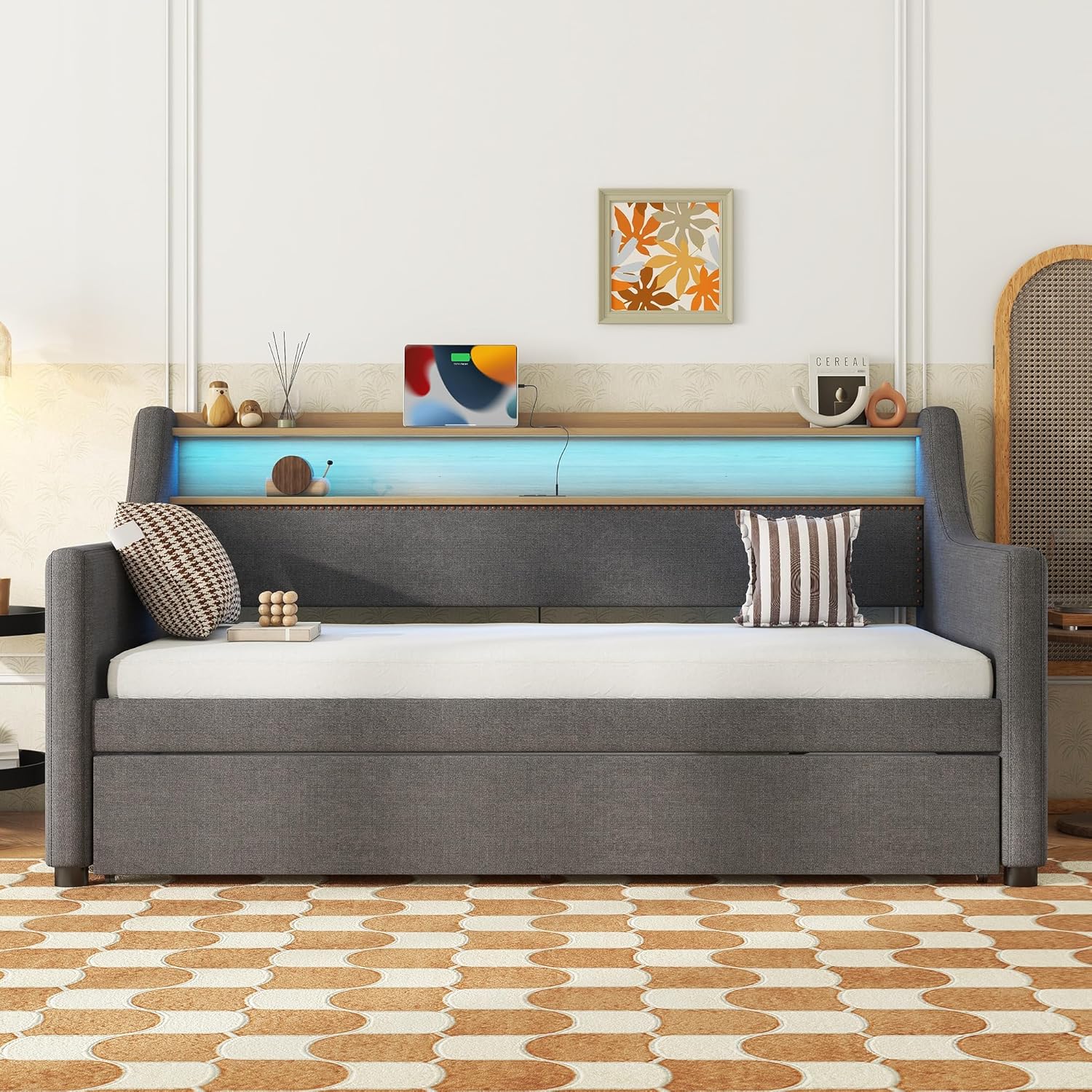LUSPAZ Twin Size Upholstered Daybed with Wheeled Trundle and Curved Back Design, Multifunctional Modern Corner Sofa Bed Frame, Easy Assembly, No Box Spring Required, for Living Room or Bedroom, Black - Grand Goldman