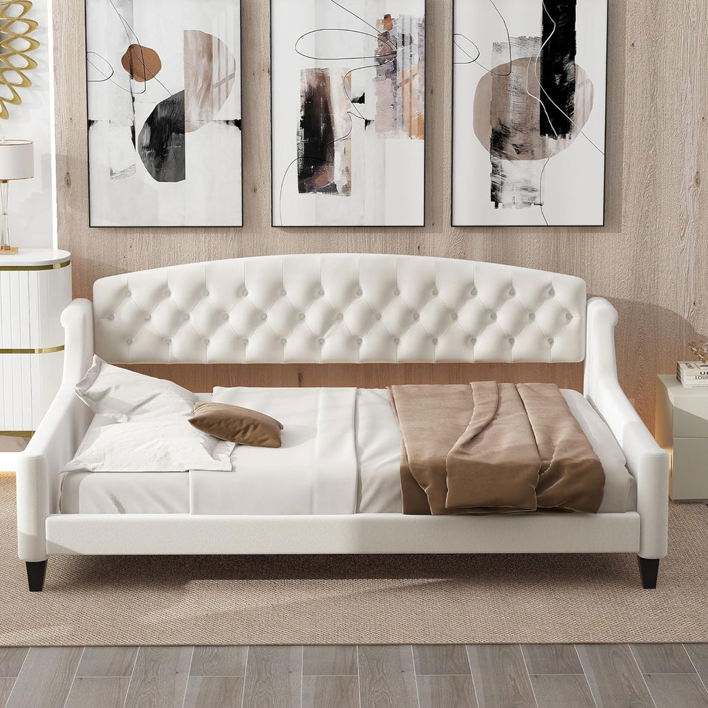 LUSPAZ Twin Size Upholstered Daybed with Wheeled Trundle and Curved Back Design, Multifunctional Modern Corner Sofa Bed Frame, Easy Assembly, No Box Spring Required, for Living Room or Bedroom, Black - Grand Goldman
