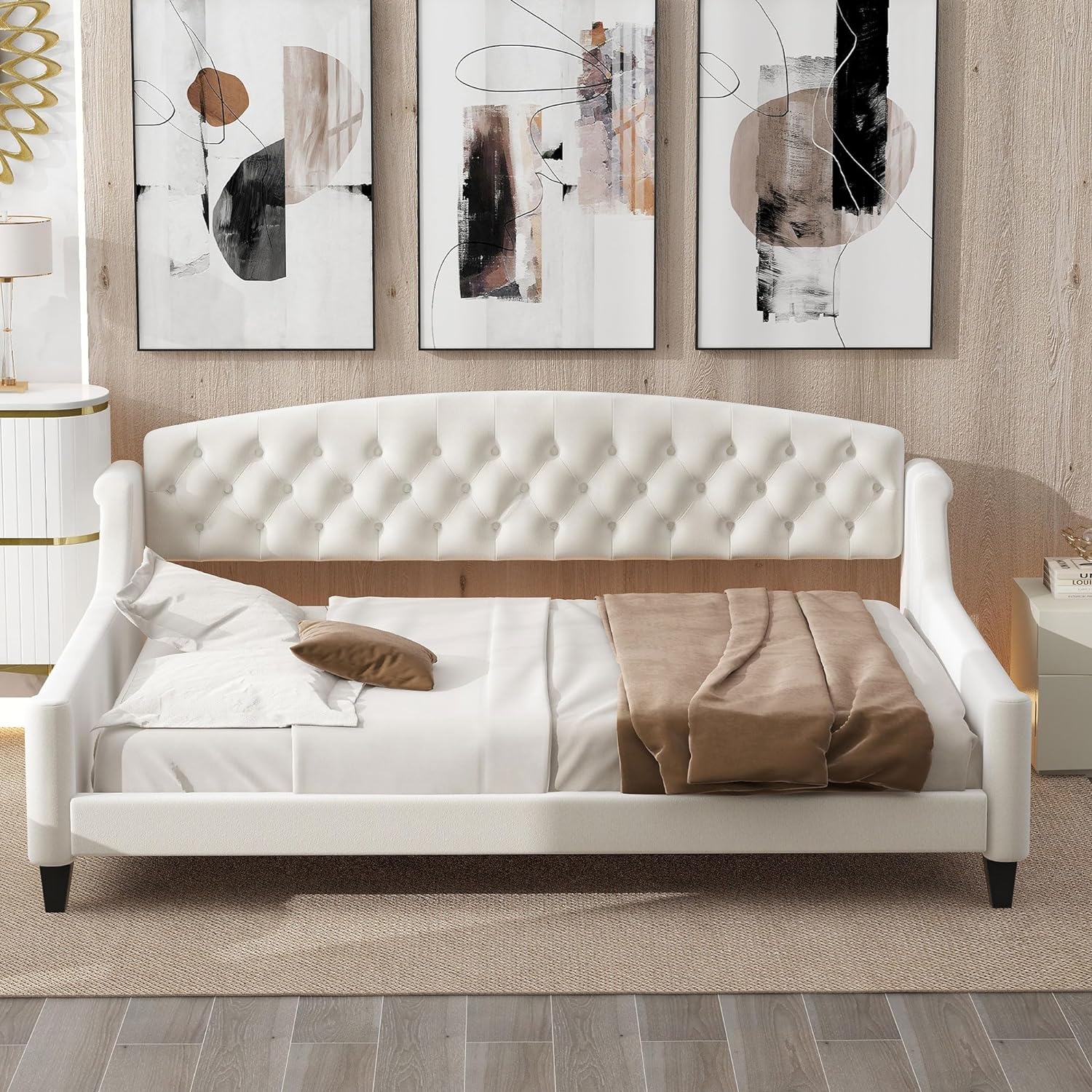 LUSPAZ Twin Size Upholstered Daybed with Wheeled Trundle and Curved Back Design, Multifunctional Modern Corner Sofa Bed Frame, Easy Assembly, No Box Spring Required, for Living Room or Bedroom, Black - Grand Goldman