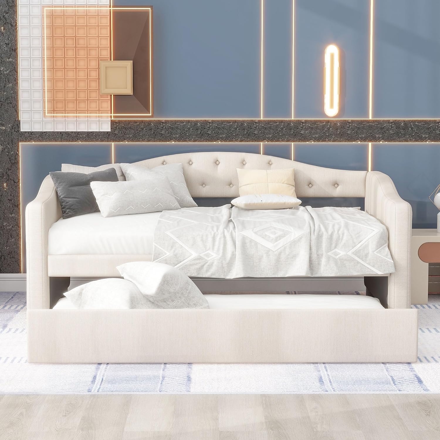 LUSPAZ Twin Size Upholstered Daybed with Wheeled Trundle and Curved Back Design, Multifunctional Modern Corner Sofa Bed Frame, Easy Assembly, No Box Spring Required, for Living Room or Bedroom, Black - Grand Goldman