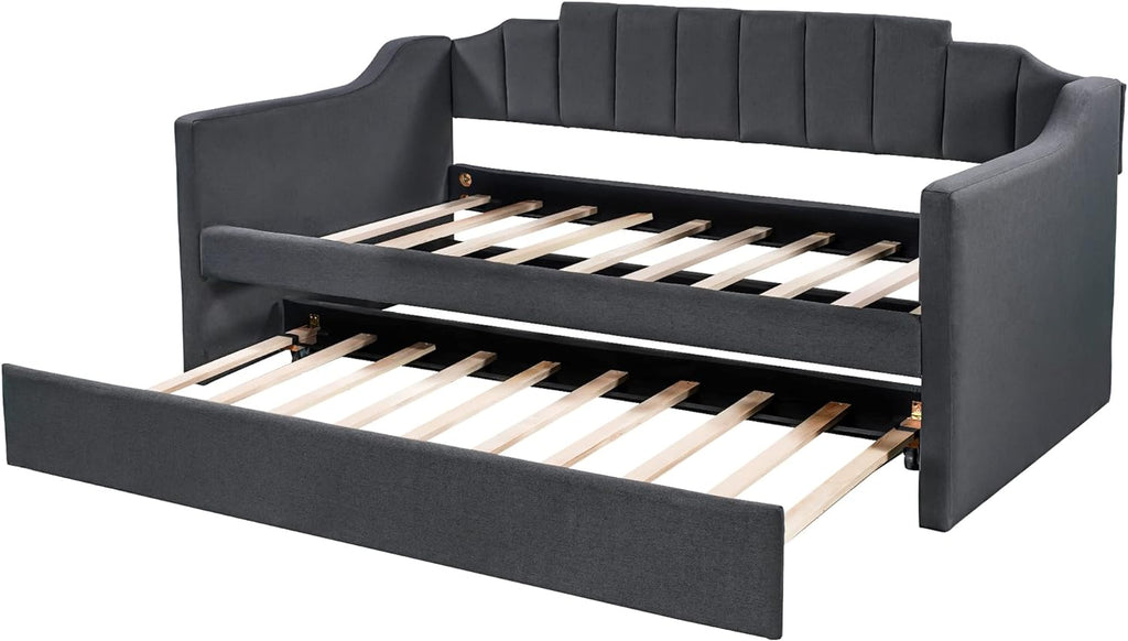 LUSPAZ Twin Size Upholstered Daybed with Wheeled Trundle and Curved Back Design, Multifunctional Modern Corner Sofa Bed Frame, Easy Assembly, No Box Spring Required, for Living Room or Bedroom, Black - Grand Goldman