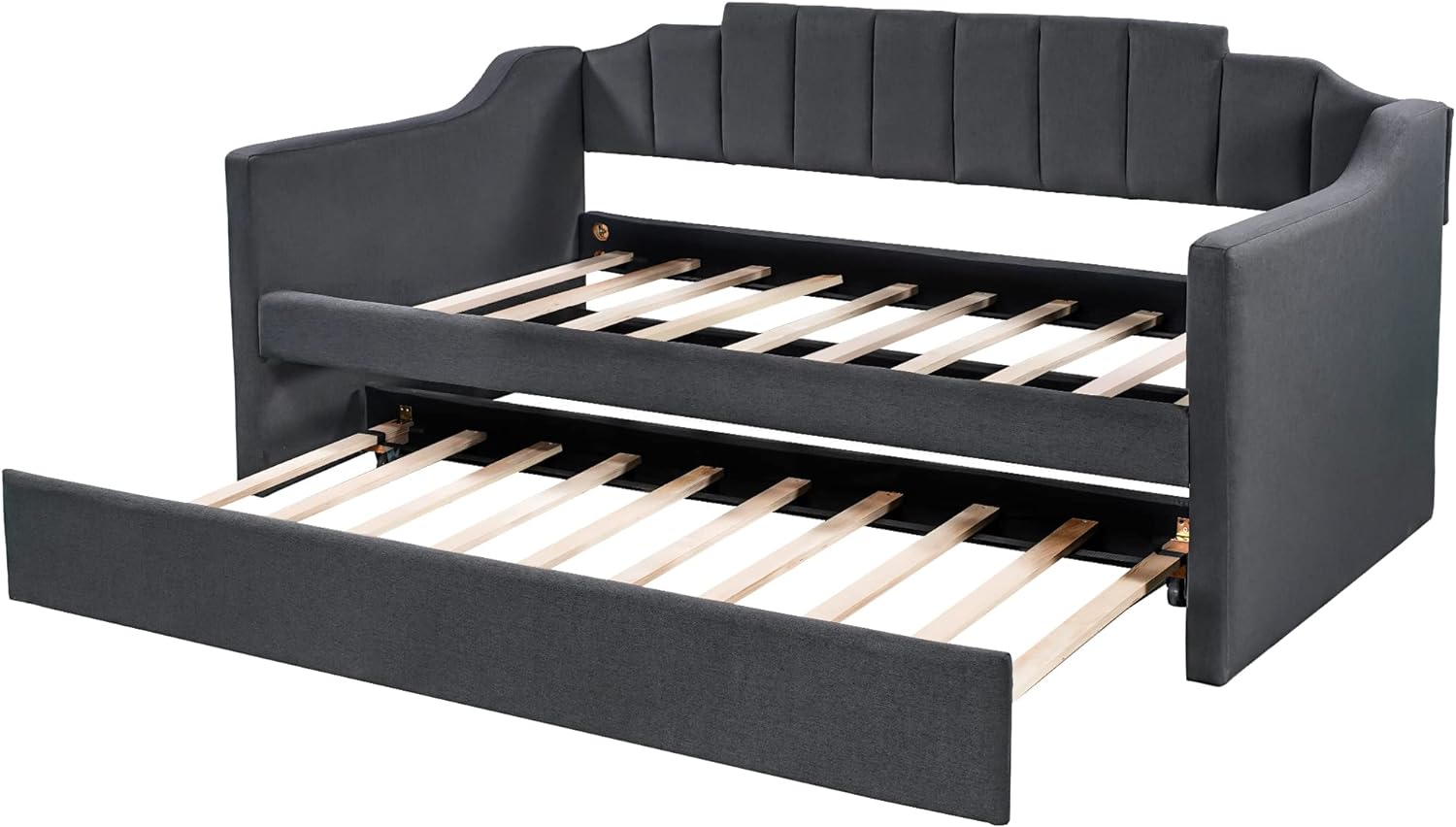 LUSPAZ Twin Size Upholstered Daybed with Wheeled Trundle and Curved Back Design, Multifunctional Modern Corner Sofa Bed Frame, Easy Assembly, No Box Spring Required, for Living Room or Bedroom, Black - Grand Goldman