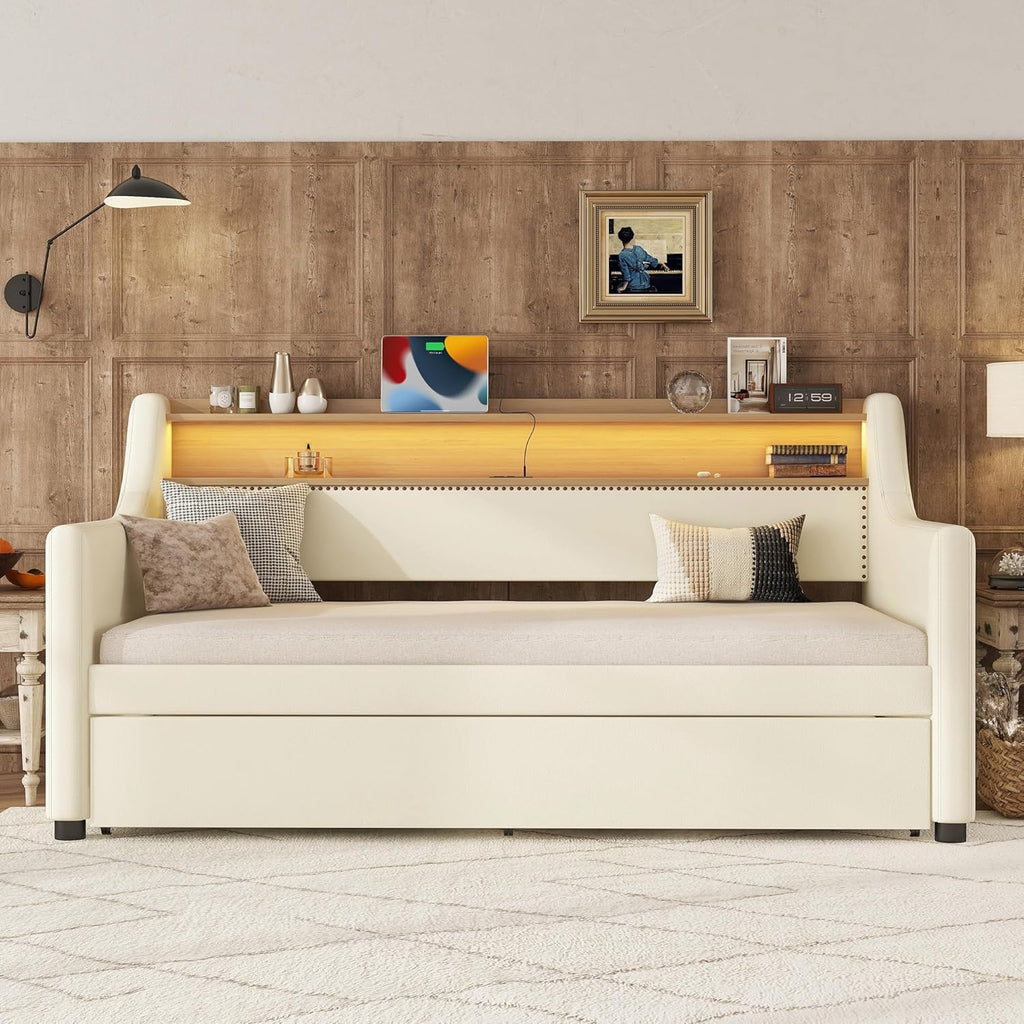LUSPAZ Twin Size Upholstered Daybed with Wheeled Trundle and Curved Back Design, Multifunctional Modern Corner Sofa Bed Frame, Easy Assembly, No Box Spring Required, for Living Room or Bedroom, Black - Grand Goldman