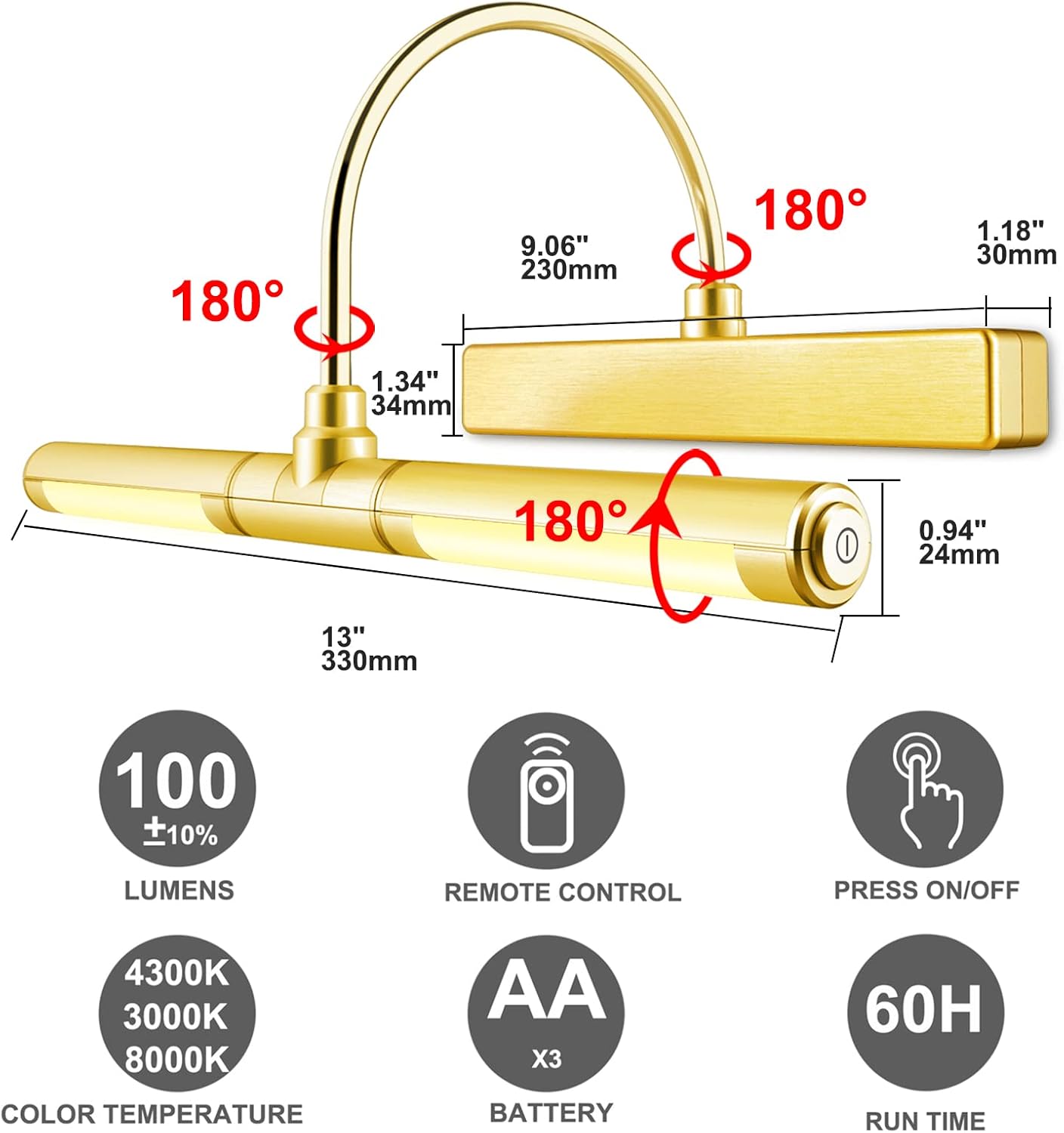 LUXSWAY Wireless Picture Light Battery Operated, Remote Control Painting Light with Rotatable Light Tube, Dimmable and Timer Off Art Display Light for Picture Frame Artworking Portrait -Orange Gold - Grand Goldman