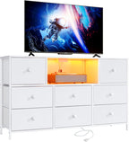 LYNCOHOME Black Dresser with Power Outlets and LED Lights, 43" W Dresser TV Stand with 8 Drawers, Fabric Chest of Drawers for Bedroom, Living Room, Entryway - Grand Goldman