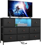 LYNCOHOME Black Dresser with Power Outlets and LED Lights, 43" W Dresser TV Stand with 8 Drawers, Fabric Chest of Drawers for Bedroom, Living Room, Entryway - Grand Goldman