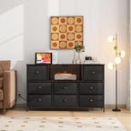 LYNCOHOME Black Dresser with Power Outlets and LED Lights, 43" W Dresser TV Stand with 8 Drawers, Fabric Chest of Drawers for Bedroom, Living Room, Entryway - Grand Goldman