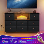 LYNCOHOME Black Dresser with Power Outlets and LED Lights, 43" W Dresser TV Stand with 8 Drawers, Fabric Chest of Drawers for Bedroom, Living Room, Entryway - Grand Goldman