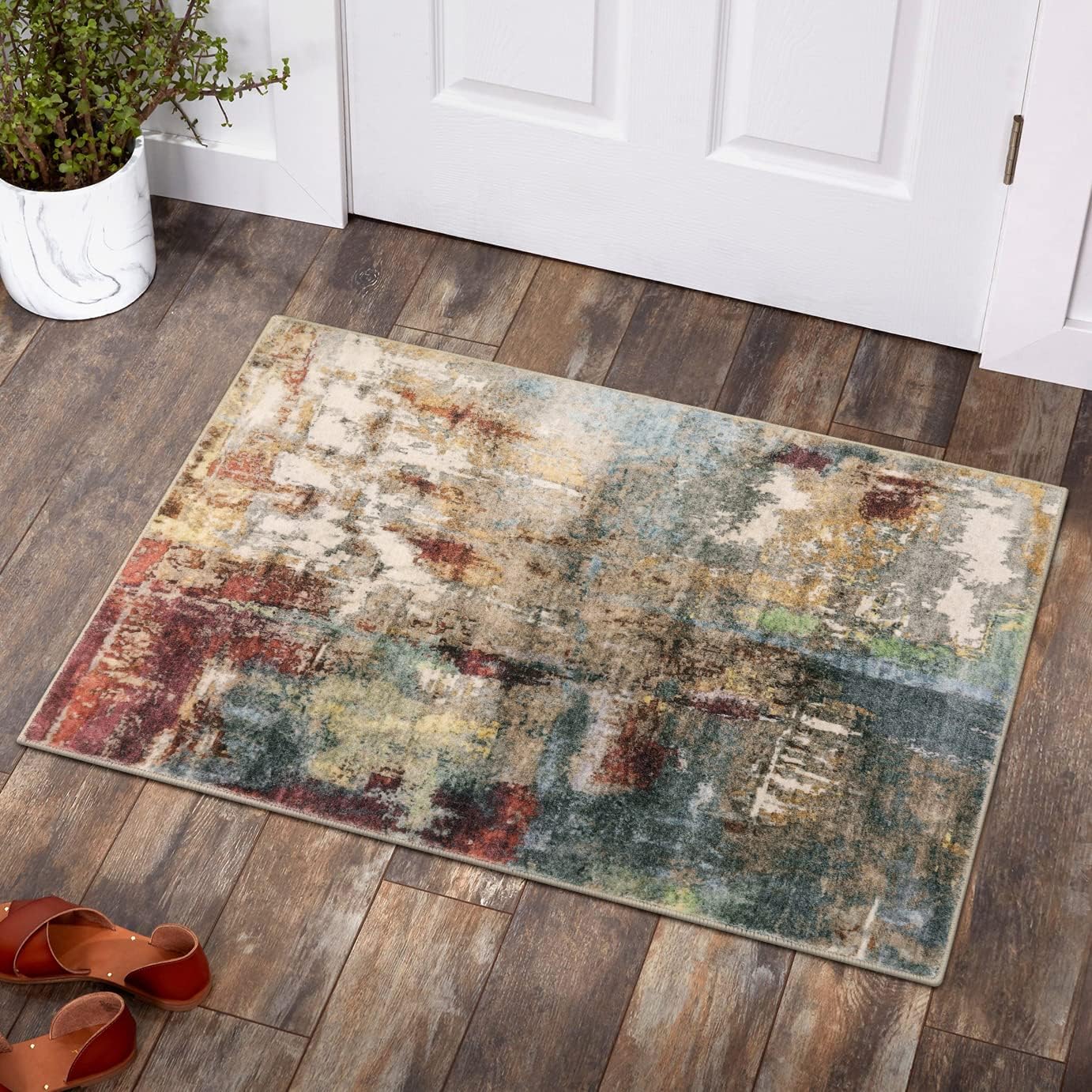 Lahome Modern Abstract Area Rug - 2x3 Washable Small Entryway Rug Kitchen Sink Mat Contemporary Faux Wool Non-Slip Soft Floor Indoor Carpet for Front Door Kitchen Bathroom Pet RV,Red/Multi - Grand Goldman
