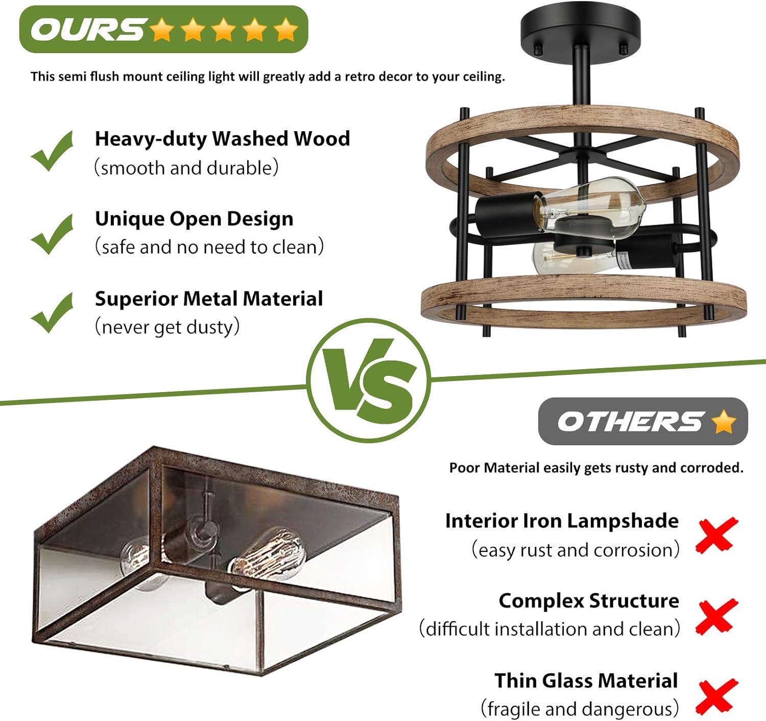 Lakumu 2-Light Retro Semi Flush Mount Ceiling Light Fixture, Rustic Vintage Wood Ceiling Light Black Metal, Industrial Farmhouse Ceiling Lamp for Hallway Entryway Bedroom Balcony Farmhouse Dining Room - Grand Goldman