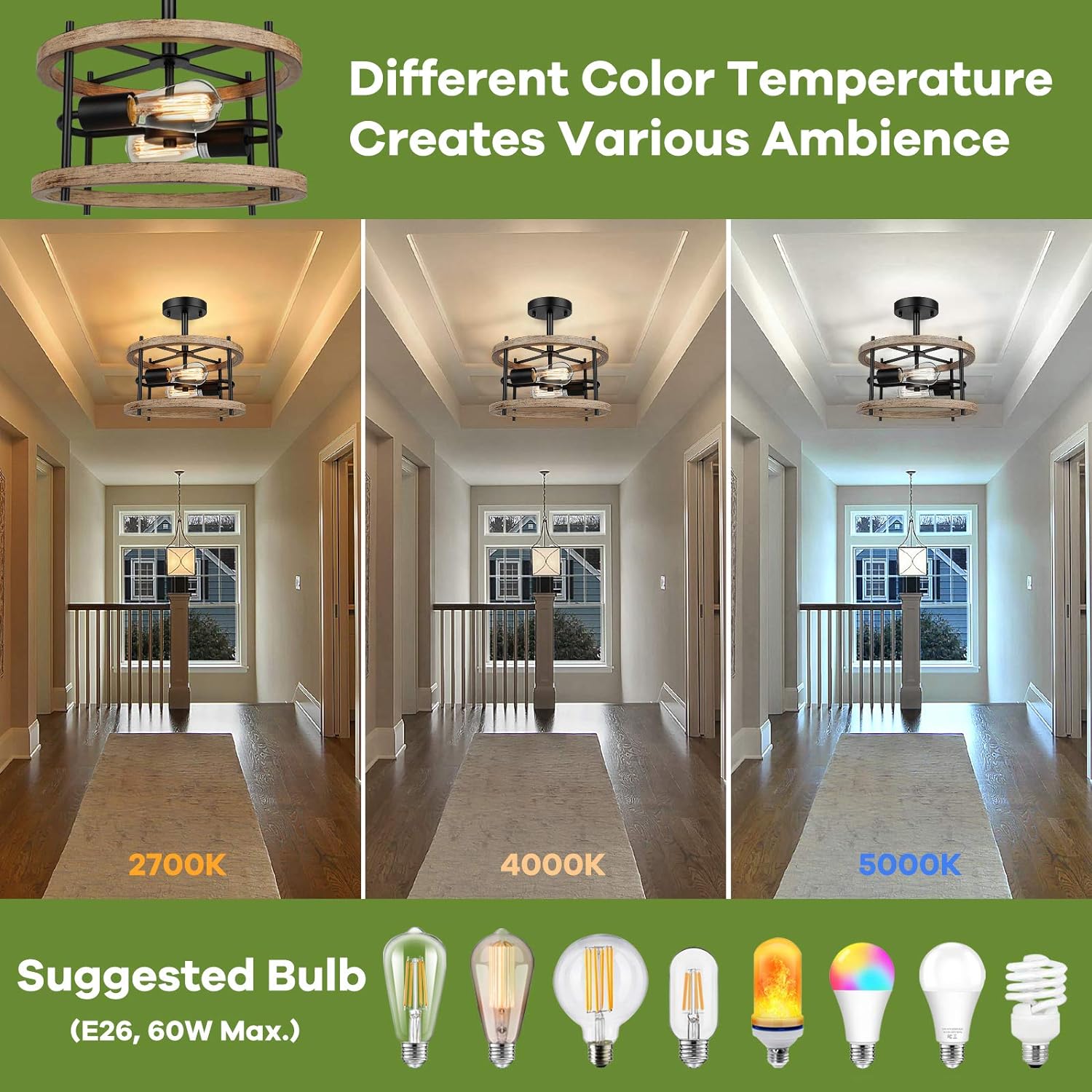 Lakumu 2-Light Retro Semi Flush Mount Ceiling Light Fixture, Rustic Vintage Wood Ceiling Light Black Metal, Industrial Farmhouse Ceiling Lamp for Hallway Entryway Bedroom Balcony Farmhouse Dining Room - Grand Goldman