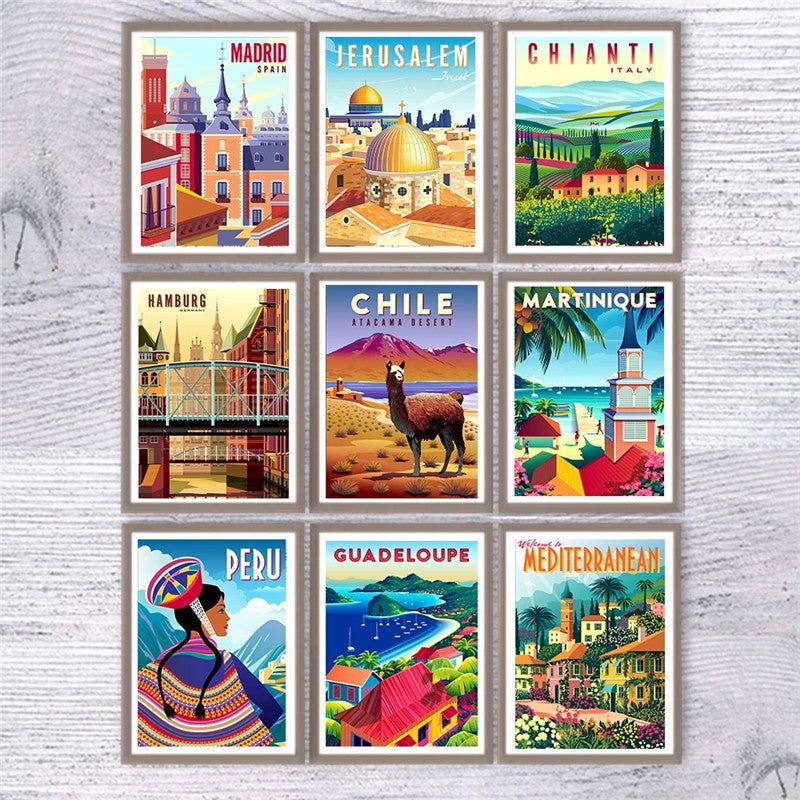 Landscape Art Canvas Painting Of Vintage Nordic Travel Poster -Madrid Jerusalem Chianti Hamburg Chile Martinique Peru Guadeloupe Mediterranean - Grand Goldman