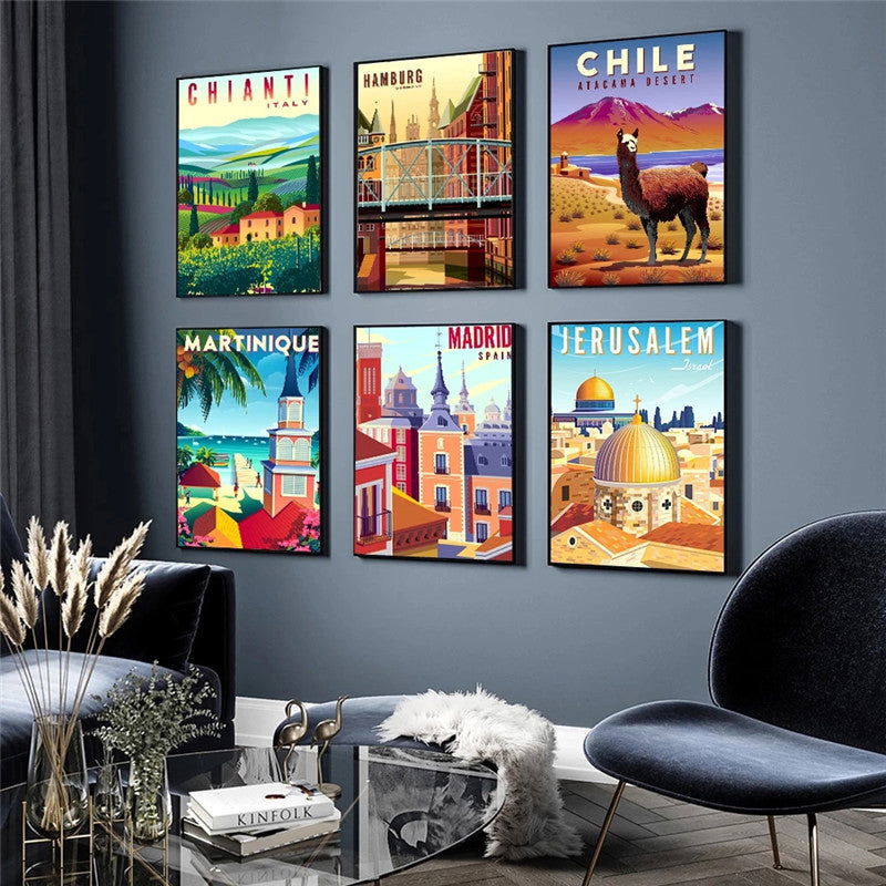 Landscape Art Canvas Painting Of Vintage Nordic Travel Poster -Madrid Jerusalem Chianti Hamburg Chile Martinique Peru Guadeloupe Mediterranean - Grand Goldman