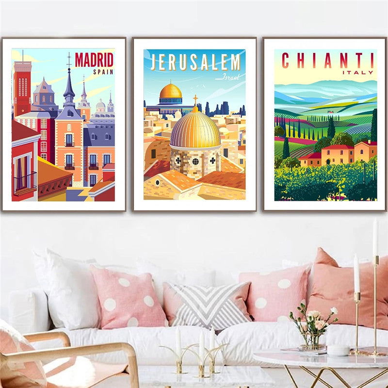 Landscape Art Canvas Painting Of Vintage Nordic Travel Poster -Madrid Jerusalem Chianti Hamburg Chile Martinique Peru Guadeloupe Mediterranean - Grand Goldman