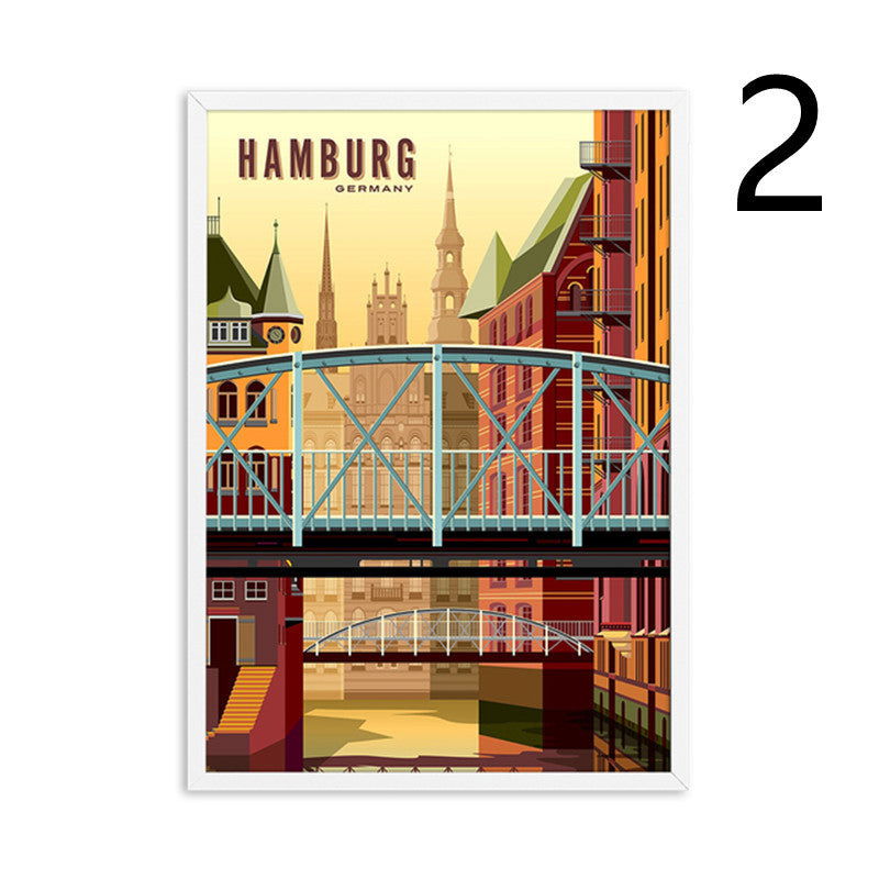 Landscape Art Canvas Painting Of Vintage Nordic Travel Poster -Madrid Jerusalem Chianti Hamburg Chile Martinique Peru Guadeloupe Mediterranean - Grand Goldman