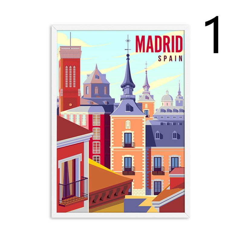 Landscape Art Canvas Painting Of Vintage Nordic Travel Poster -Madrid Jerusalem Chianti Hamburg Chile Martinique Peru Guadeloupe Mediterranean - Grand Goldman