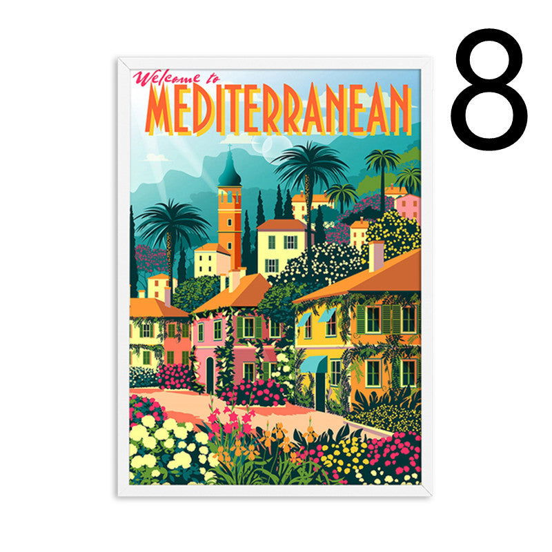 Landscape Art Canvas Painting Of Vintage Nordic Travel Poster -Madrid Jerusalem Chianti Hamburg Chile Martinique Peru Guadeloupe Mediterranean - Grand Goldman