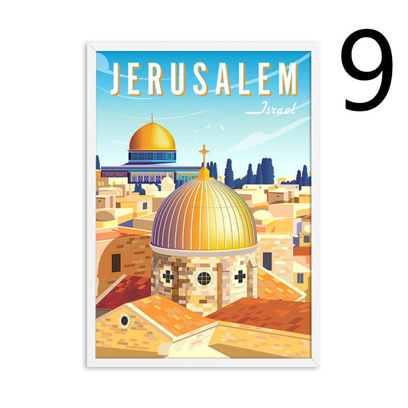 Landscape Art Canvas Painting Of Vintage Nordic Travel Poster -Madrid Jerusalem Chianti Hamburg Chile Martinique Peru Guadeloupe Mediterranean - Grand Goldman