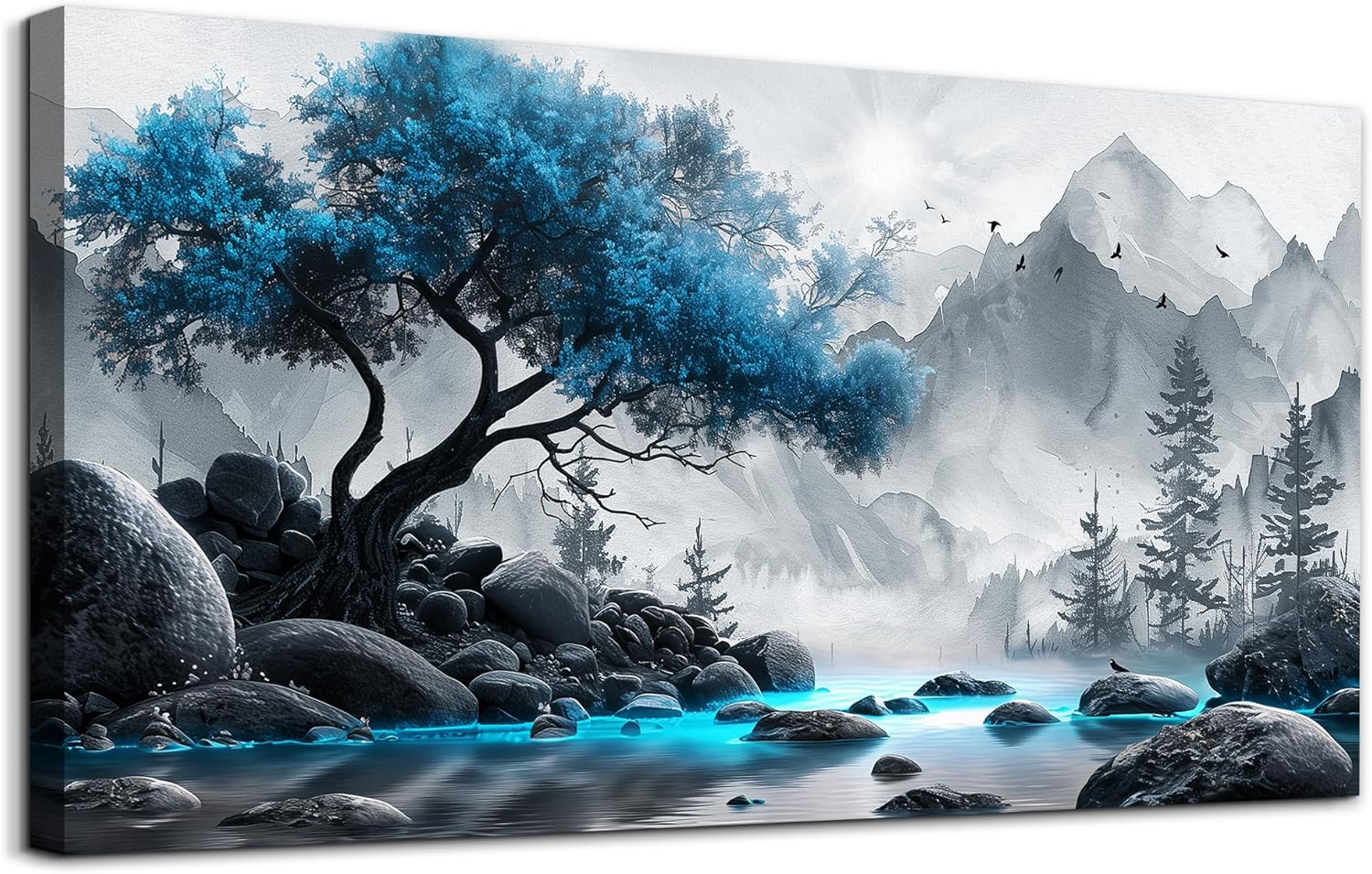 Lapremoly Textured Abstract Wall Pictures Artwork Wall Decor For Living Room Framed Canvas Wall Art For Bedroom Office Decor Blue Tree Paintings Panoramic Landscape Prints Home Decor Ready to Hang - Grand Goldman