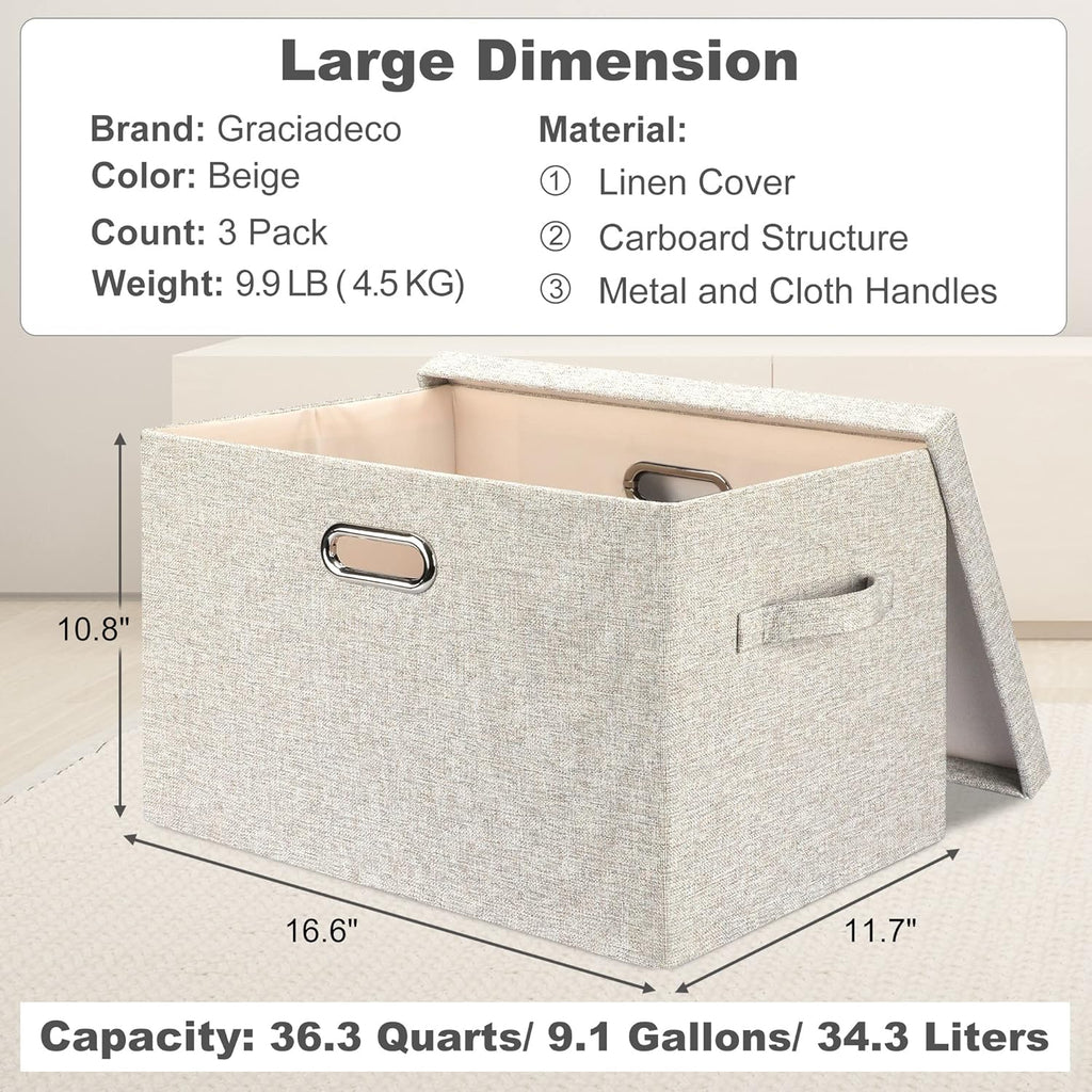 Large 17" 36 Quart Collapsible Stackable Storage Bins with Lids, 3 Packs Beige Linen Fabric Closet Boxes with Lids, Storage Cube Baskets Container Organizers for Bedroom Office(17 x12 x11) - Grand Goldman
