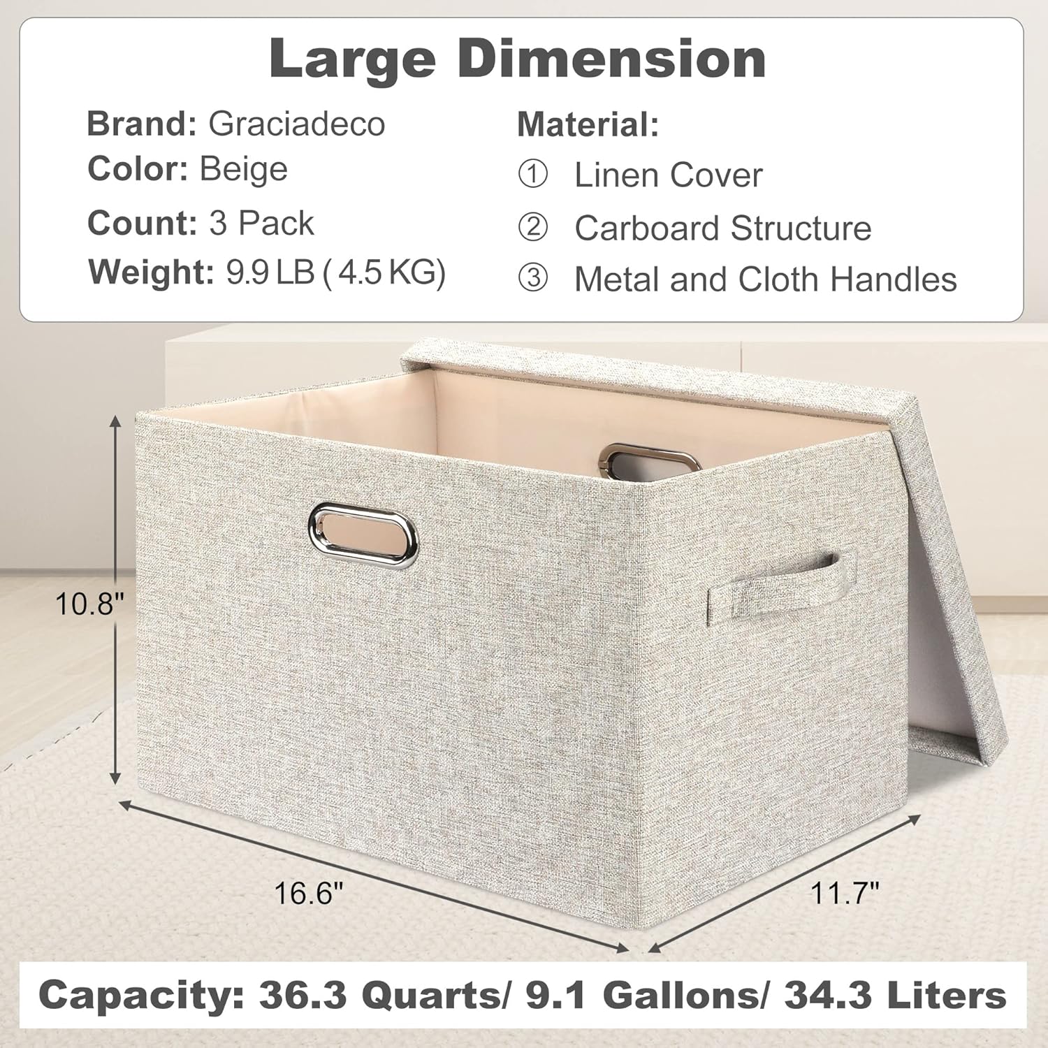 Large 17" 36 Quart Collapsible Stackable Storage Bins with Lids, 3 Packs Beige Linen Fabric Closet Boxes with Lids, Storage Cube Baskets Container Organizers for Bedroom Office(17 x12 x11) - Grand Goldman