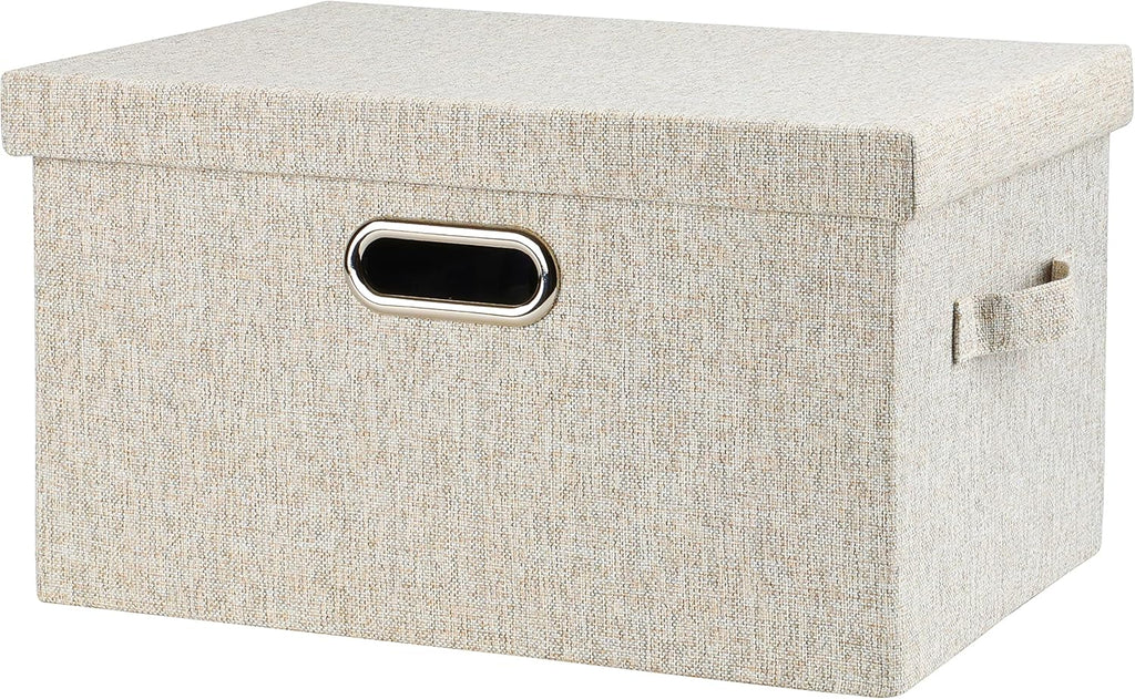 Large 17" 36 Quart Collapsible Stackable Storage Bins with Lids, 3 Packs Beige Linen Fabric Closet Boxes with Lids, Storage Cube Baskets Container Organizers for Bedroom Office(17 x12 x11) - Grand Goldman