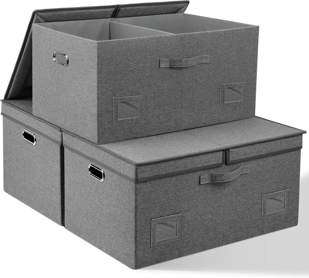 Large 17" 36 Quart Collapsible Stackable Storage Bins with Lids, 3 Packs Beige Linen Fabric Closet Boxes with Lids, Storage Cube Baskets Container Organizers for Bedroom Office(17 x12 x11) - Grand Goldman