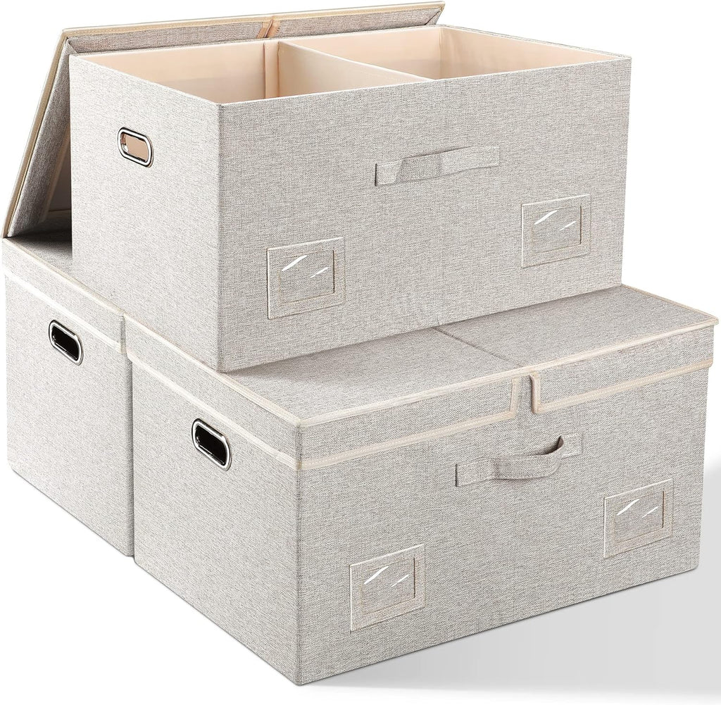 Large 17" 36 Quart Collapsible Stackable Storage Bins with Lids, 3 Packs Beige Linen Fabric Closet Boxes with Lids, Storage Cube Baskets Container Organizers for Bedroom Office(17 x12 x11) - Grand Goldman
